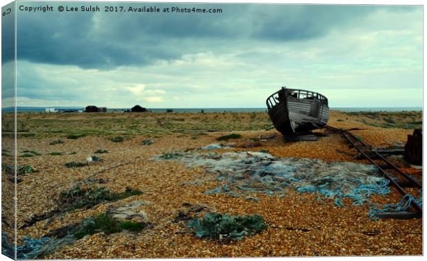 Shipwrecked boat at Dungeness Canvas Print by Lee Sulsh