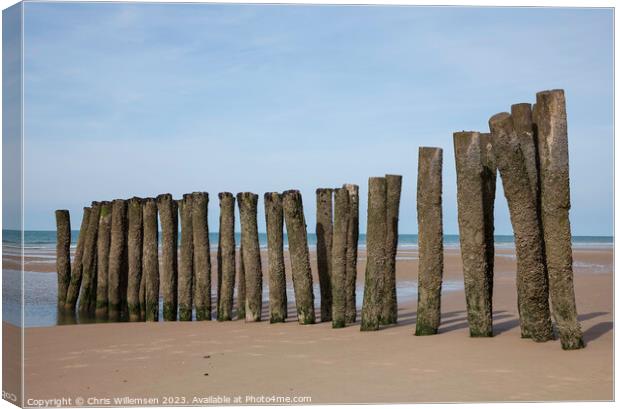 wooden poles on a french beach Canvas Print by Chris Willemsen