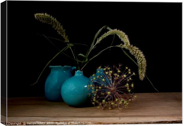 still life with three blue vases, ears of corn Canvas Print by Chris Willemsen