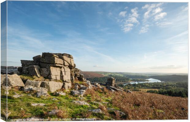 Stunning Autumn sunset landscape image of view from Leather Tor towards Burrator Reservoir in Dartmoor National Park Canvas Print by Matthew Gibson