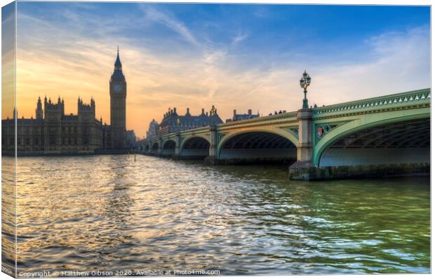 London attractions Big Ben and Westminster Bridge landscape during a Winter sunset Canvas Print by Matthew Gibson