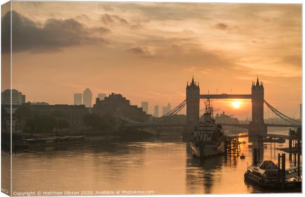 Beautiful Autumn sunrise landscape of Tower Bridge and River Thames in London Canvas Print by Matthew Gibson