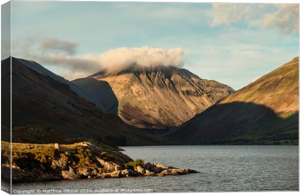 Beautiful late Summer landscape image of Wasdale Valley in Lake District, looking towards Scafell Pike, Great Gable and Kirk Fell mountain range Canvas Print by Matthew Gibson