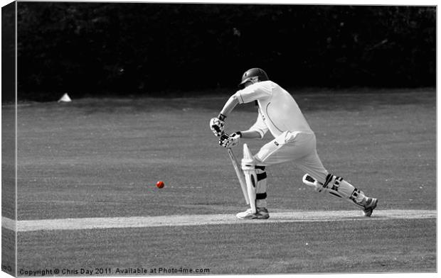 Cricketer in black and white with red ball Canvas Print by Chris Day