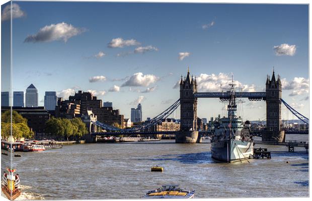 Canary Wharf Tower Bridge and HMS Belfast Canvas Print by Chris Day