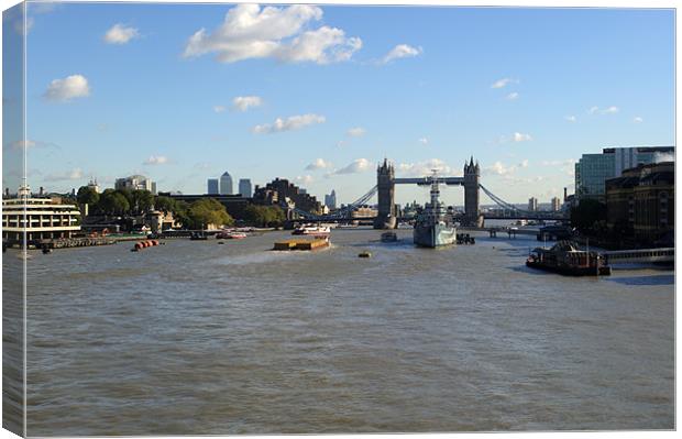 Canary Wharf Tower Bridge and HMS Belfast 2 Canvas Print by Chris Day