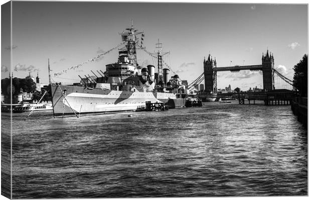 HMS Belfast and Tower Bridge 2 in Black and White Canvas Print by Chris Day