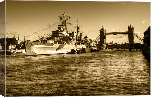 HMS Belfast and Tower Bridge 2 in Sepia Canvas Print by Chris Day