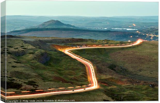 Gritter light trails on Llangynidr Moors. Canvas Print by Philip Veale
