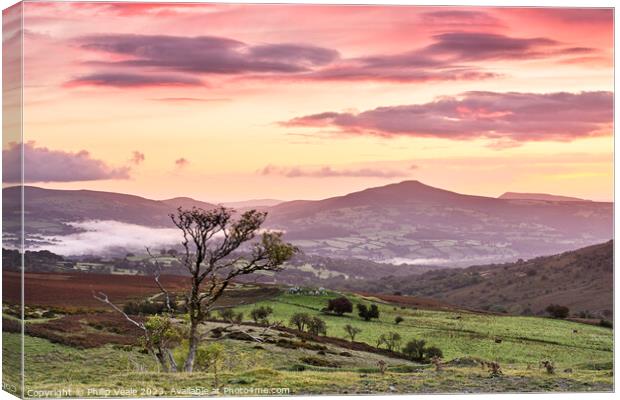 Sugar Loaf and Skirrid Sunrise from the Moors. Canvas Print by Philip Veale