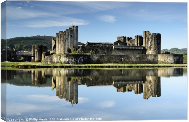 Caerphilly Castle Reflection at Dawn. Canvas Print by Philip Veale