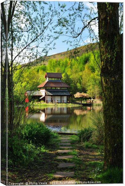 Pagoda at the Festival Park Lake in Ebbw Vale. Canvas Print by Philip Veale
