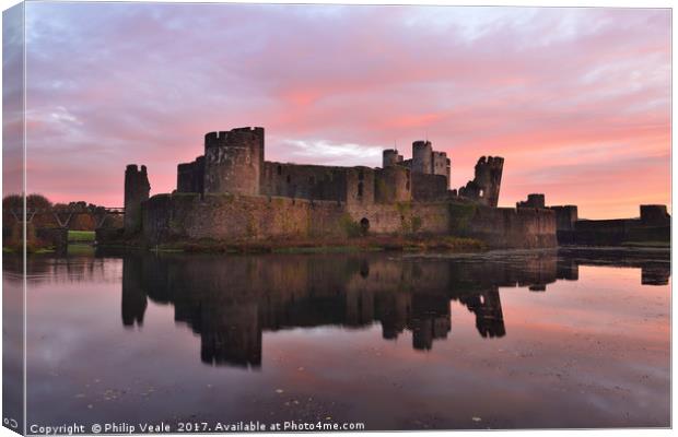 Caerphilly Castle Sunrise Reflection. Canvas Print by Philip Veale