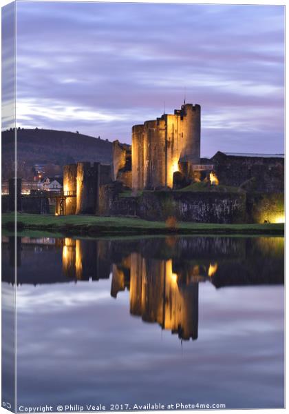 Caerphilly Castle Luminescent Dawn. Canvas Print by Philip Veale