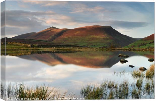Tewet Tarn Dusk Reflection. Canvas Print by Philip Veale