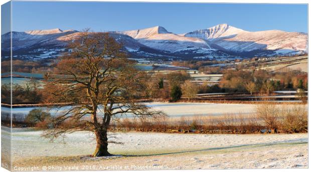 Brecon Beacons covered in a dusting of snow. Canvas Print by Philip Veale