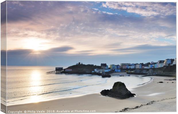 Tenby's North Beach: A Winter Dawn's Awakening Canvas Print by Philip Veale