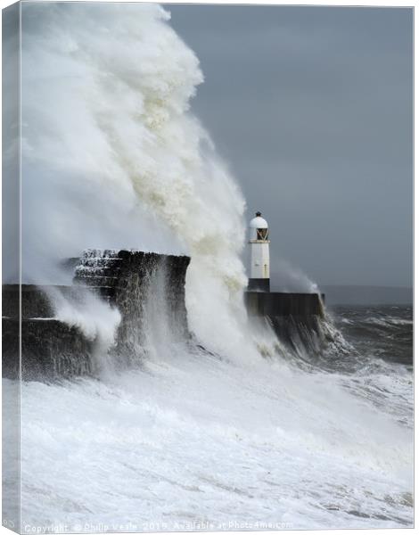 Porthcawl Lighthouse Battles Storm Freya. Canvas Print by Philip Veale