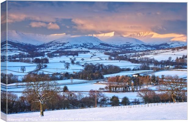 Bannau Brycheiniog Winter's Dawn Embrace. Canvas Print by Philip Veale