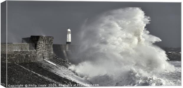 Porthcawl Lighthouse and Crashing Waves. Canvas Print by Philip Veale