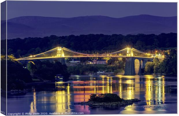 Menai Suspension Bridge: Night Reflection. Canvas Print by Philip Veale