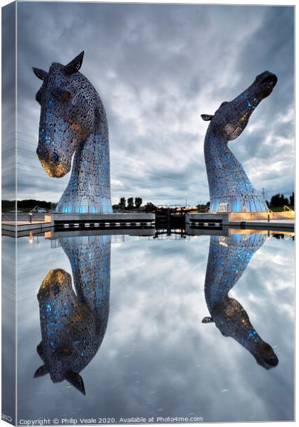 Kelpies Blue Reflection at Dusk. Canvas Print by Philip Veale