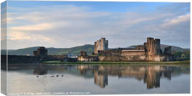 Caerphilly Castle Dawn Reflection. Canvas Print by Philip Veale