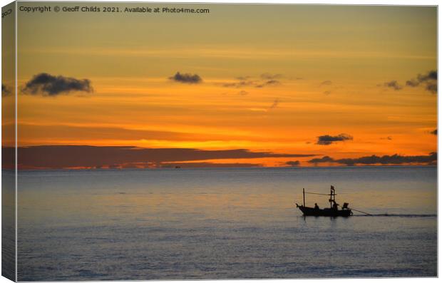 Tropical nautical sunrise seascape with fishing boat silhouette. Canvas Print by Geoff Childs