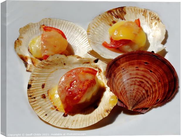 Succulent Grilled Scallops in their shells.   Canvas Print by Geoff Childs
