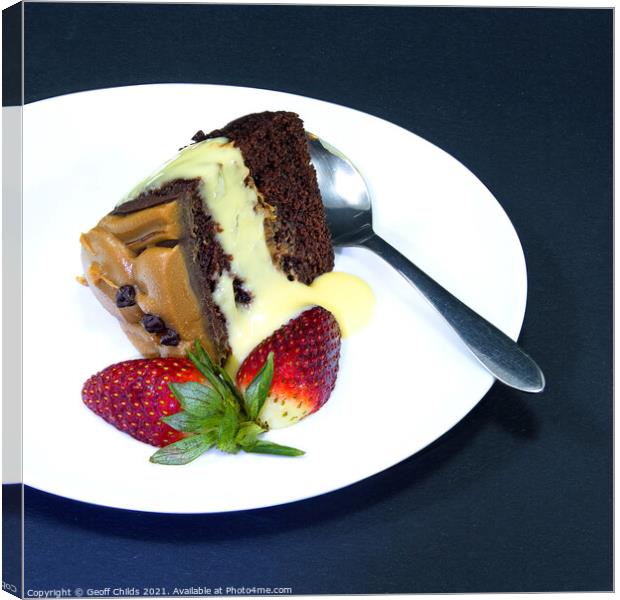 Chocolate Cake portion with Strawberries on a Plate. Isolat Canvas Print by Geoff Childs