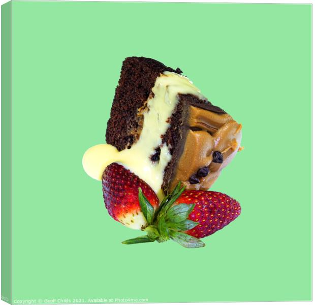 Portion of Chocolate Cake with two strawberries  Canvas Print by Geoff Childs