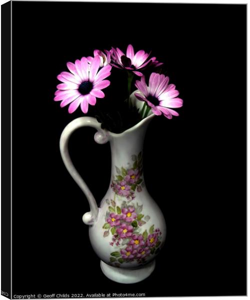 African Daisy flower in a decorative vase isolated on black. Canvas Print by Geoff Childs