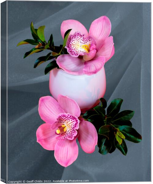 Close up image of Pink cymbidium Orchid flowers in a white glass vase isolated on gray coloured background.  Canvas Print by Geoff Childs