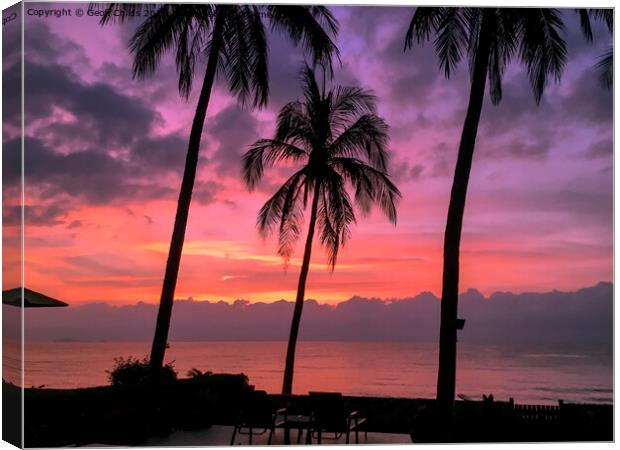 Tropical palm tree sunrise seascape. Thailand. Canvas Print by Geoff Childs