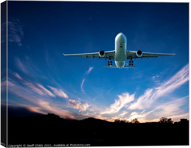 Jet Airliner Flying in a sunset sky. Canvas Print by Geoff Childs