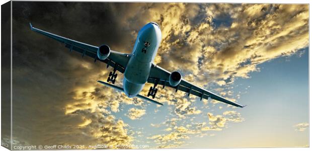 Jet Airliner Flying in an Golden sky. Canvas Print by Geoff Childs