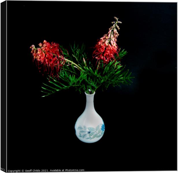  Pretty red Grevillea blooms in a Vase.  Canvas Print by Geoff Childs