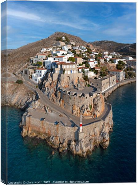 Hydra harbour and fortifications. Canvas Print by Chris North