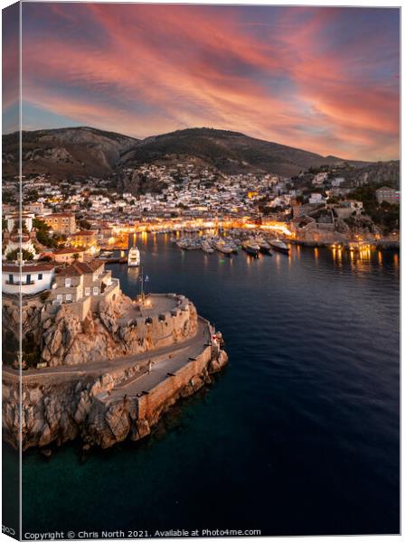 Hydra harbour sunset. Canvas Print by Chris North