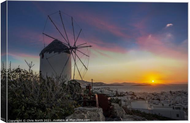 Sunset over Boni's Windmill of Mykonos. Canvas Print by Chris North