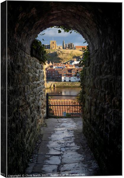 Whitby through the alleyway arch. Canvas Print by Chris North