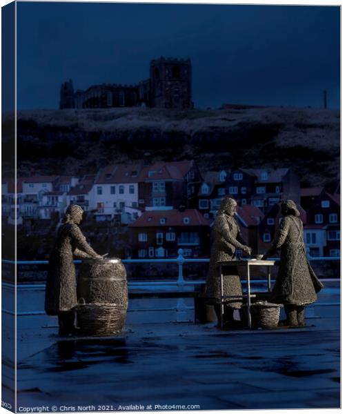 The Whitby Herring girls statue at dusk. Canvas Print by Chris North