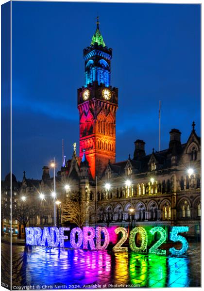 Bradford town hall by night, featuring the 2025 logo Canvas Print by Chris North