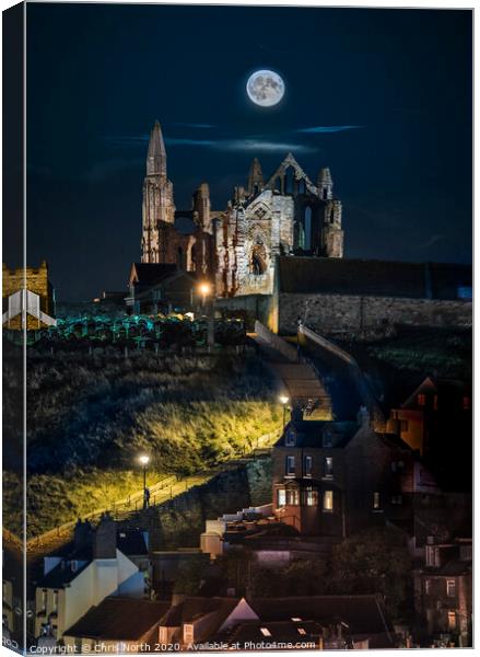 Hunters moon over Saint Hilda's Abbey Whitby, Canvas Print by Chris North