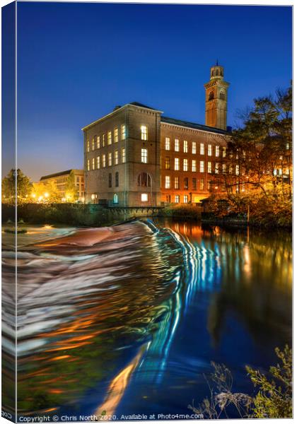 Salts Mill and weir. Canvas Print by Chris North