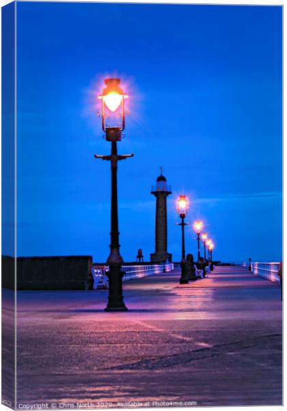 Pier Lights at dusk, Whitby. Canvas Print by Chris North