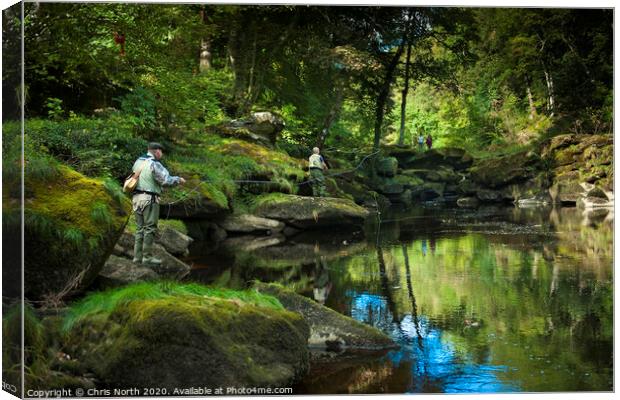 Fly fishing, Bolton Abbey woods, Yorkshire. Canvas Print by Chris North