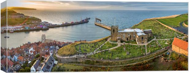 Saint Marys church and Whitby harbour at sunset. Canvas Print by Chris North