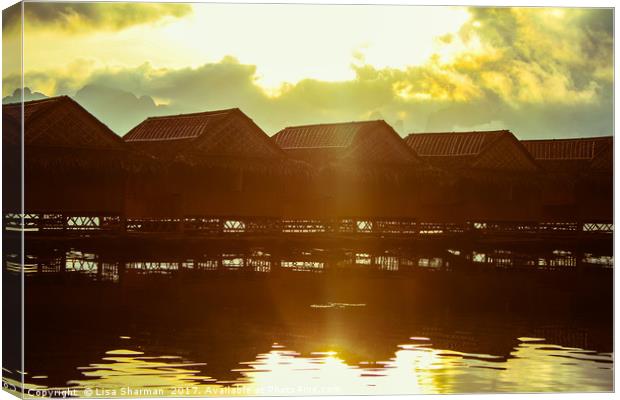 Beautiful sunrise over wooden lake huts Canvas Print by  