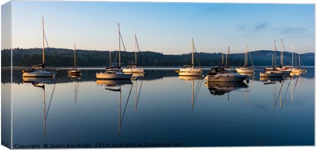 Lake Windermere at sunrise Canvas Print by Justin Bowdidge